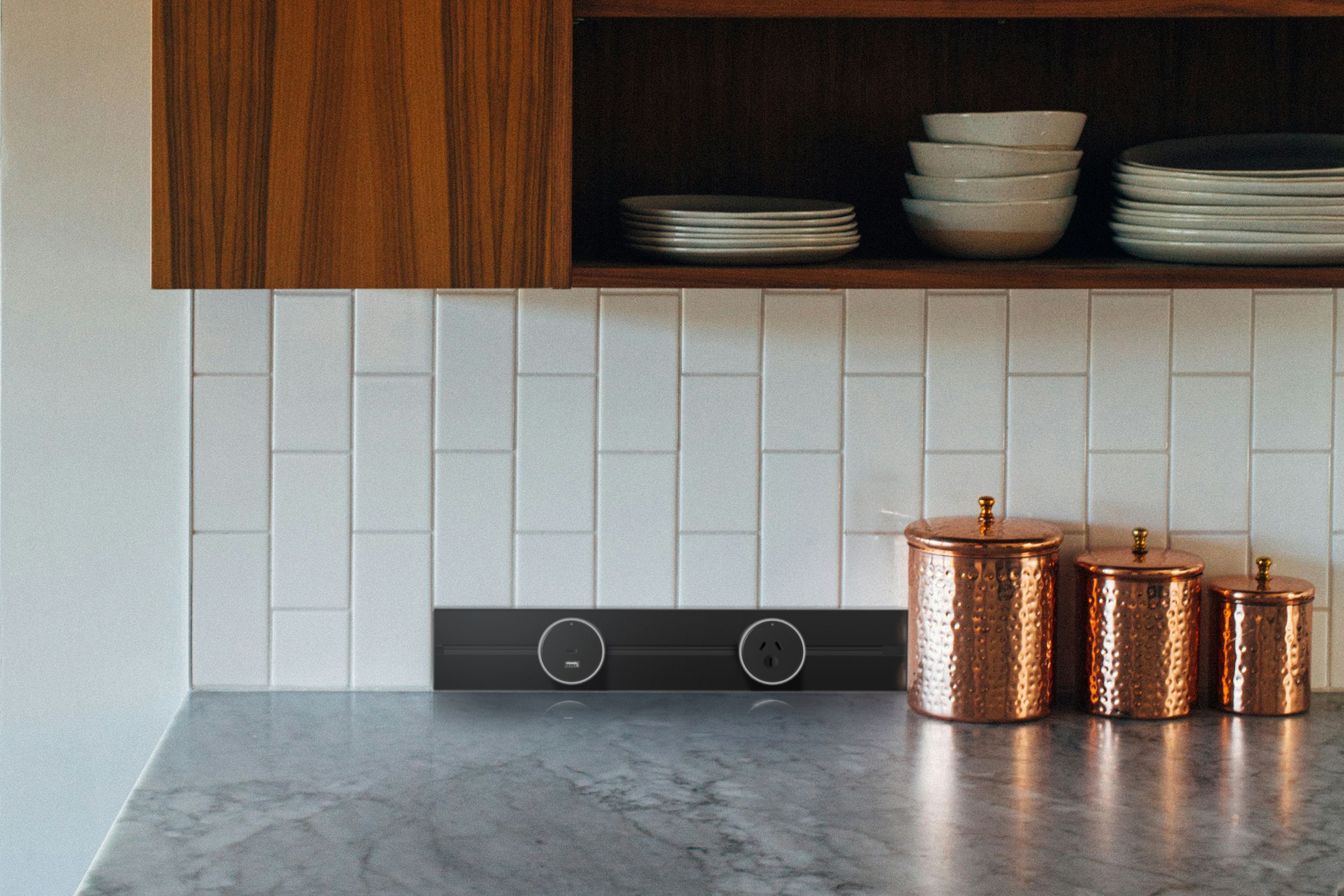 Close-up of Powertrack's aluminum alloy finish on a modern kiwi kitchen countertop